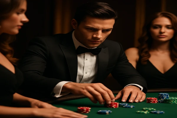 একজন নারী ল্যাপটপে অনলাইন গেম উপভোগ করছেন, চারপাশে দীপ্ত ক্যাসিনো পরিবেশ জলে উঠেছে